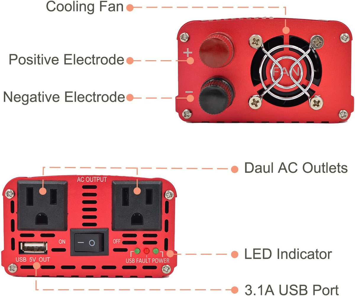 800W/2000W Peak DC 12V to 110V AC Power Inverter with 3.1A USB Car Adapter and Cigarette Lighter, Pack of 2 A98017