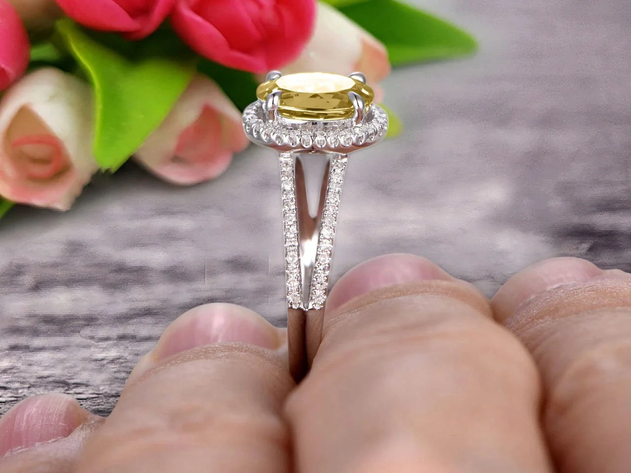 Champagne Diamond Moissanite Oval Shape Engagement Ring On 10k White Gold Z855717