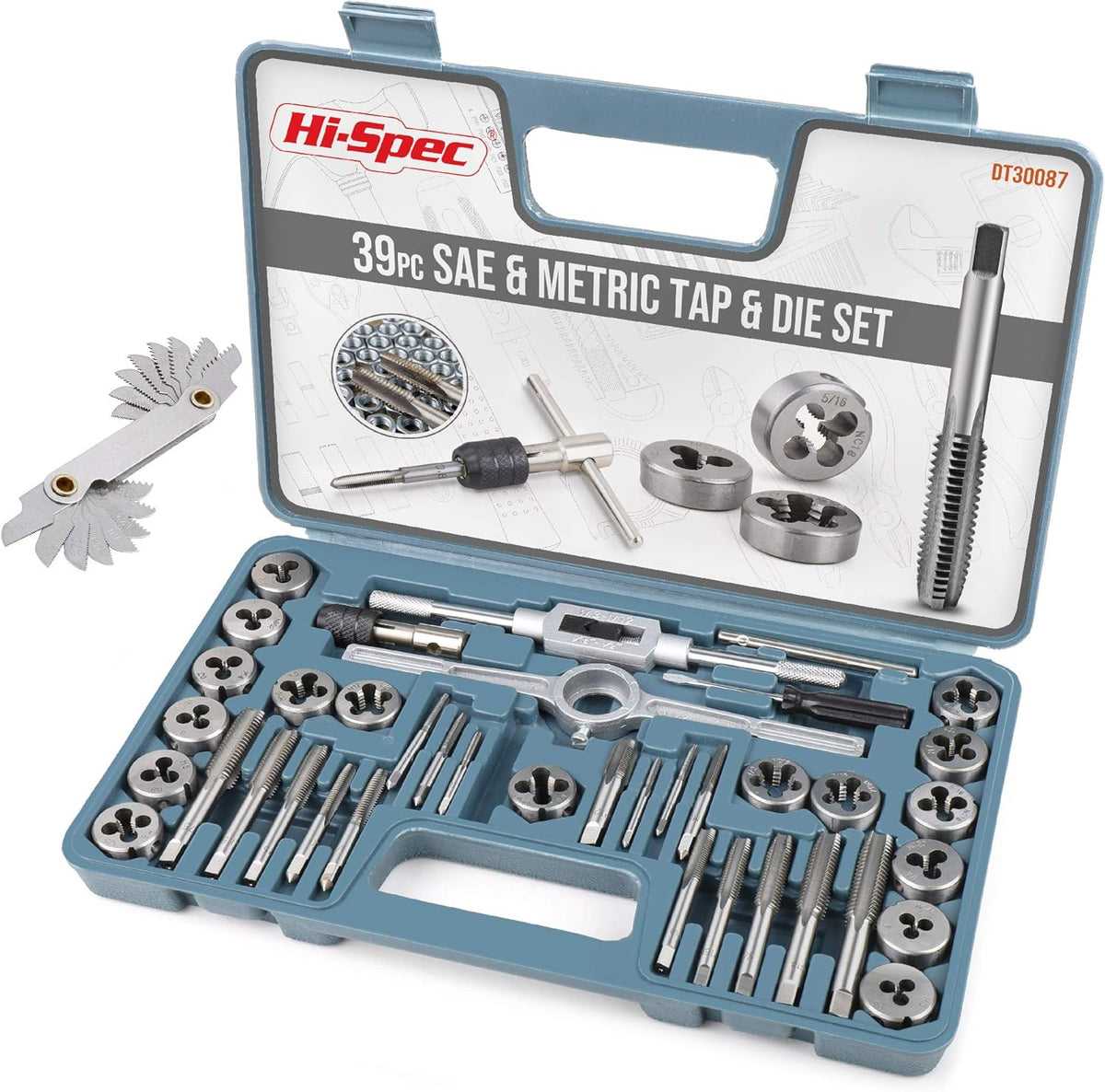 39 Piece SAE & Metric Tap & Die Set with Screw Pitch Gauge in Tray Case T6221