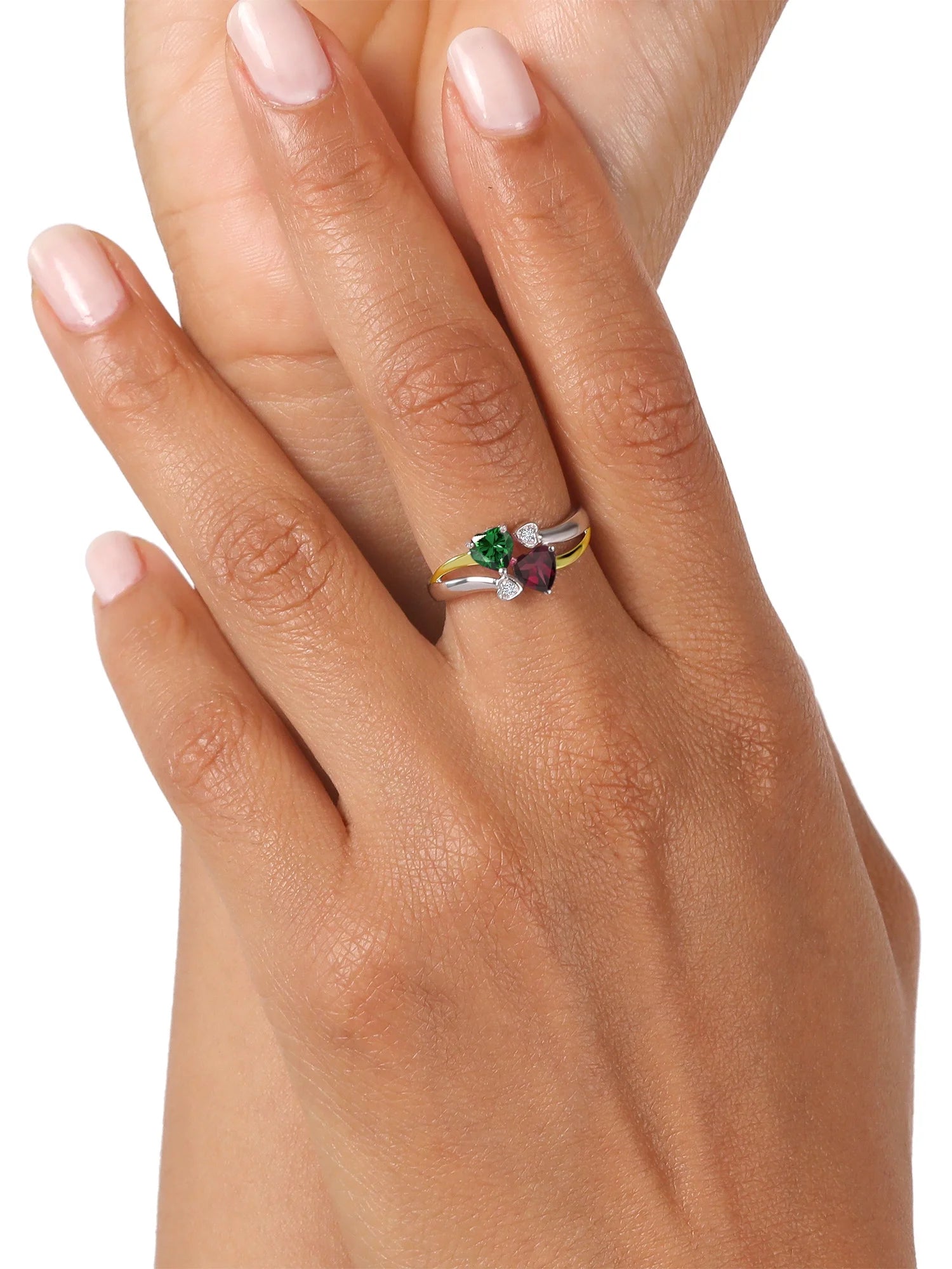 925 Silver 10K Yellow Gold Green Nano Emerald Red Rhodolite Garnet White Lab Grown Diamond Ring D663