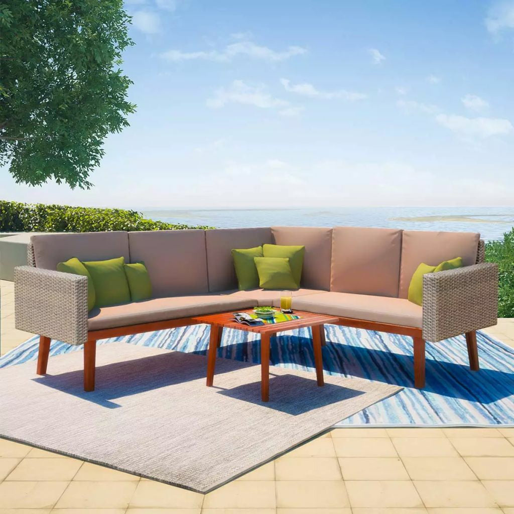 4 Piece Gray Poly Rattan Outdoor Sectional Sofa with Coffee Table and Cushions V1997
