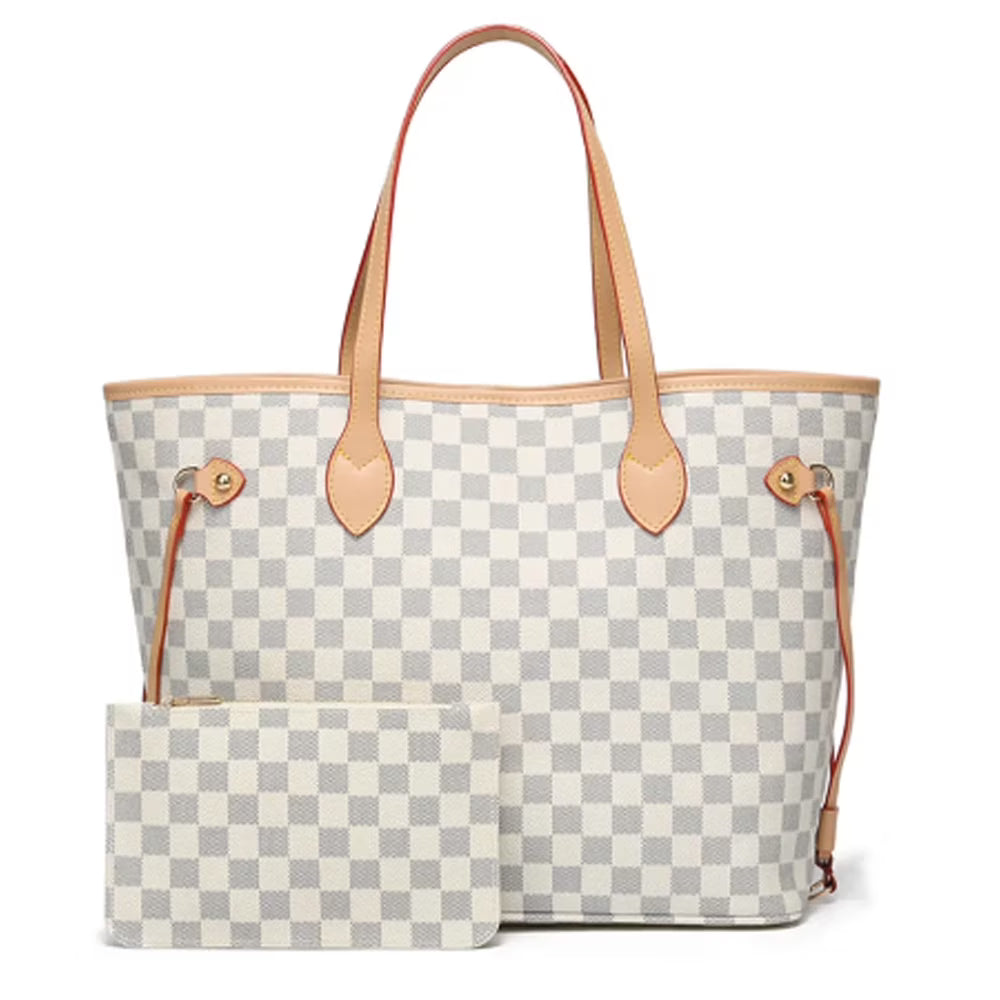 Checkered PU Leather Tote Bag with Inner Pouch E834135