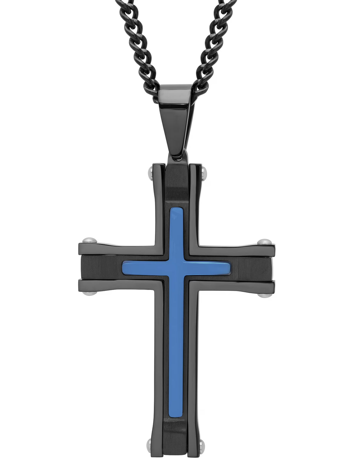 Black and Blue Stainless Steel Cross Pendant Necklace T884