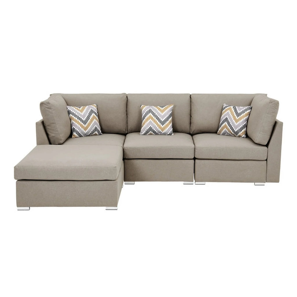 Beige Fabric Chaise Sofa with Ottoman and 3 Pillows P4646