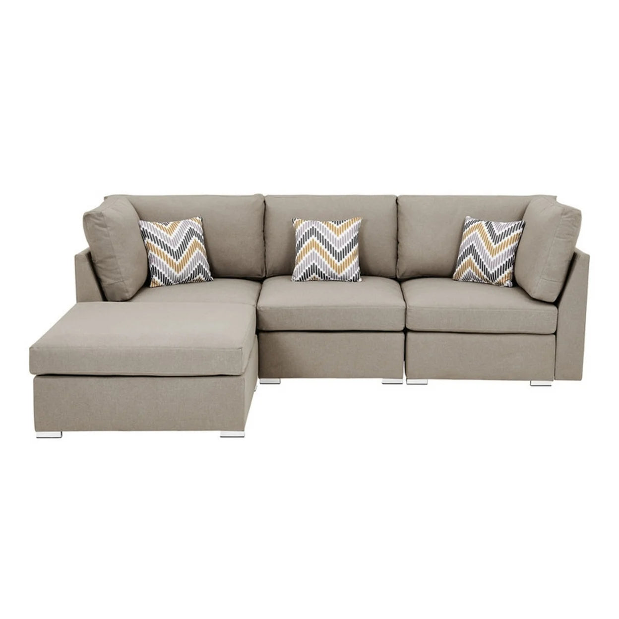 Beige Fabric Chaise Sofa with Ottoman and 3 Pillows P4646
