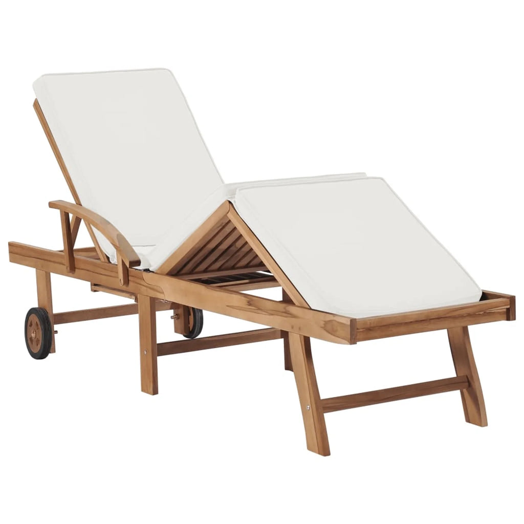 Cream Cushioned Teak Wood Chaise Lounge Chair with Sliding Table and Wheels P78251