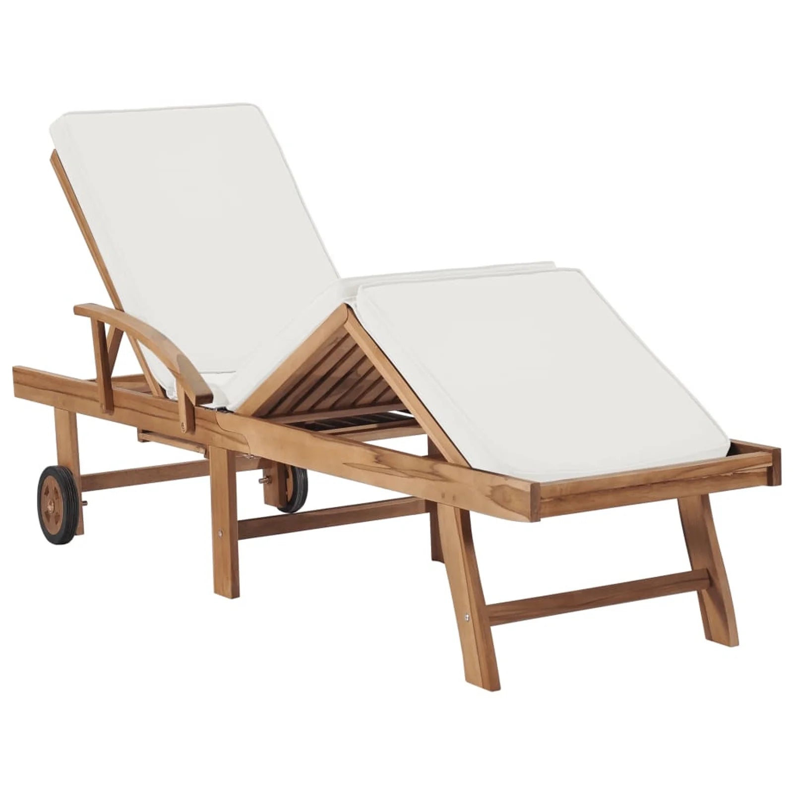 Cream Cushioned Teak Wood Chaise Lounge Chair with Sliding Table and Wheels P78251