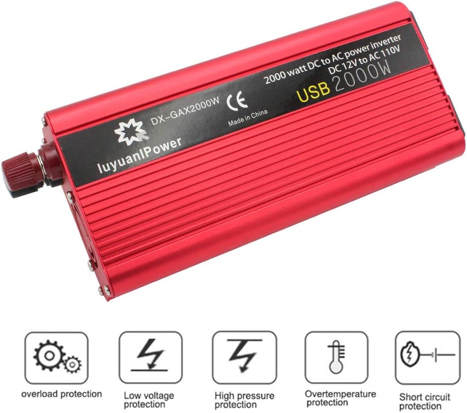 Power Inverter 1200W/2000W Peak DC to AC 12V to 110V with 3.1A USB Battery Clips Pack of 2 I19168