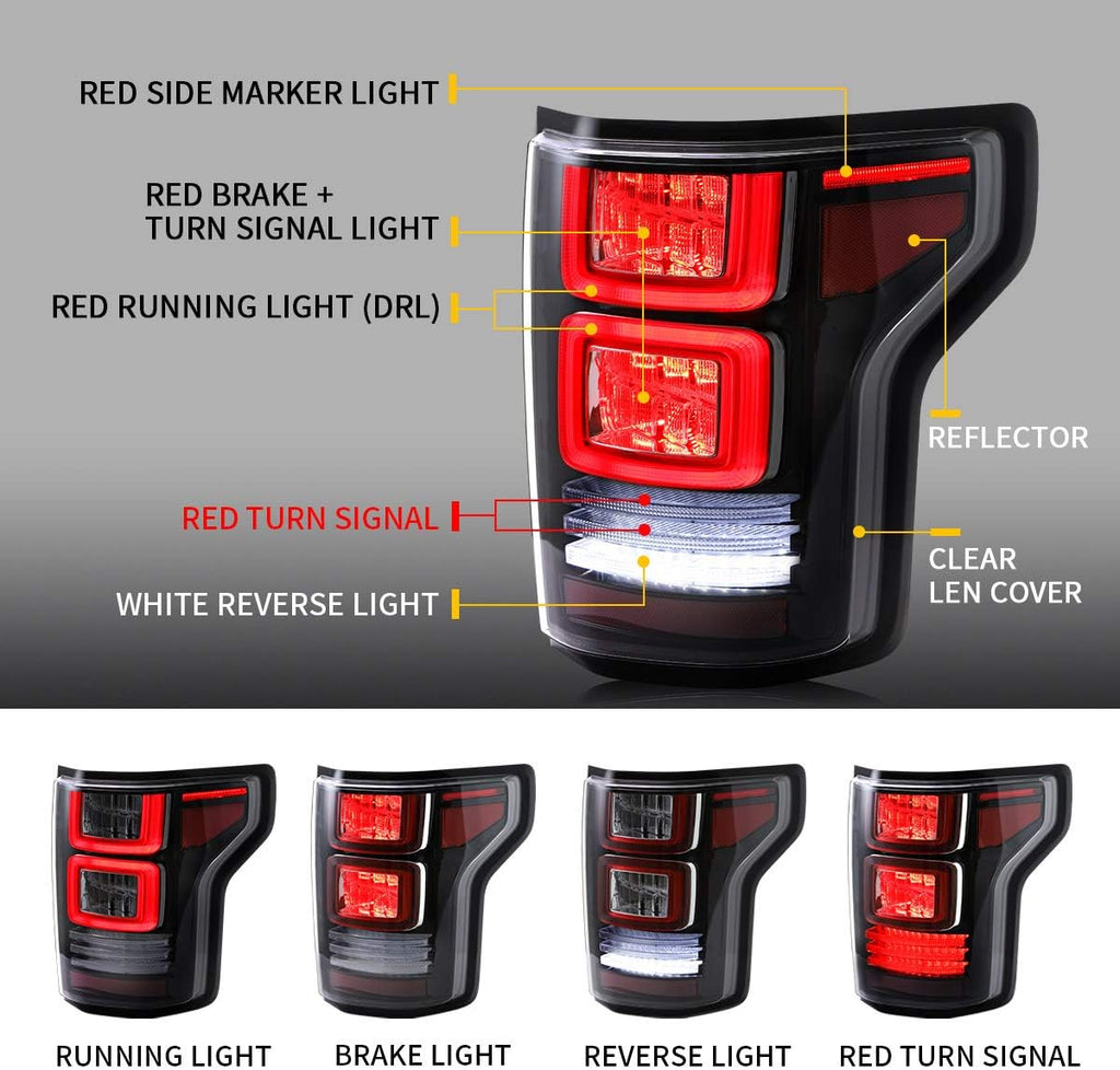 LED Projector Headlights and Clear Tail Lights with Red Turn Signal Lights for Ford F150 2018 2019 2020 V1373