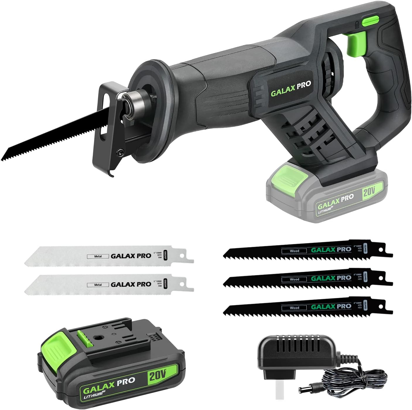 Cordless Reciprocating Saw with 20V 2.0Ah Battery, 6-inch Wood and Metal Saw Blades G9075