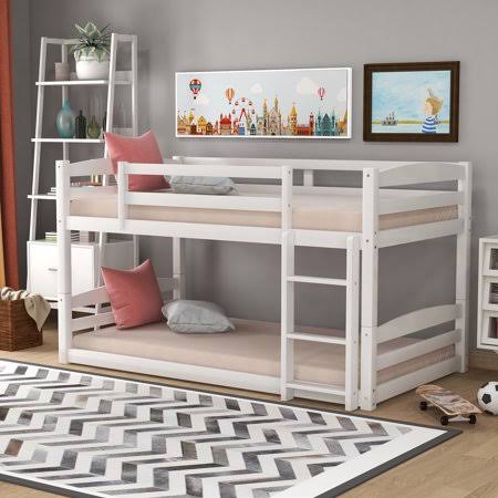 Twin Over Twin Floor Bunk Beds with Ladder and Guardrail H856