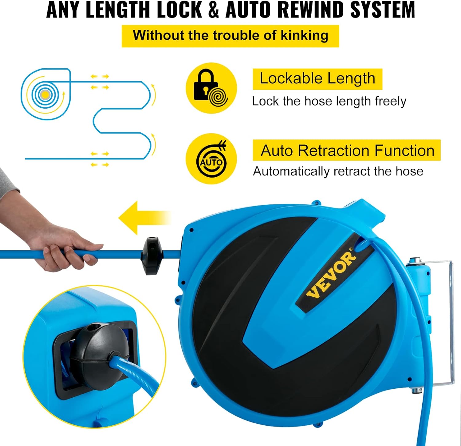 Retractable Wall Mounted Garden Hose Reel, 1/2 inch x 75 ft, Blue T909643