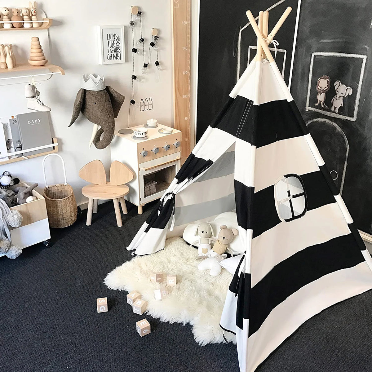 Black White Striped Kids Teepee Canvas Tent Playhouse F331388