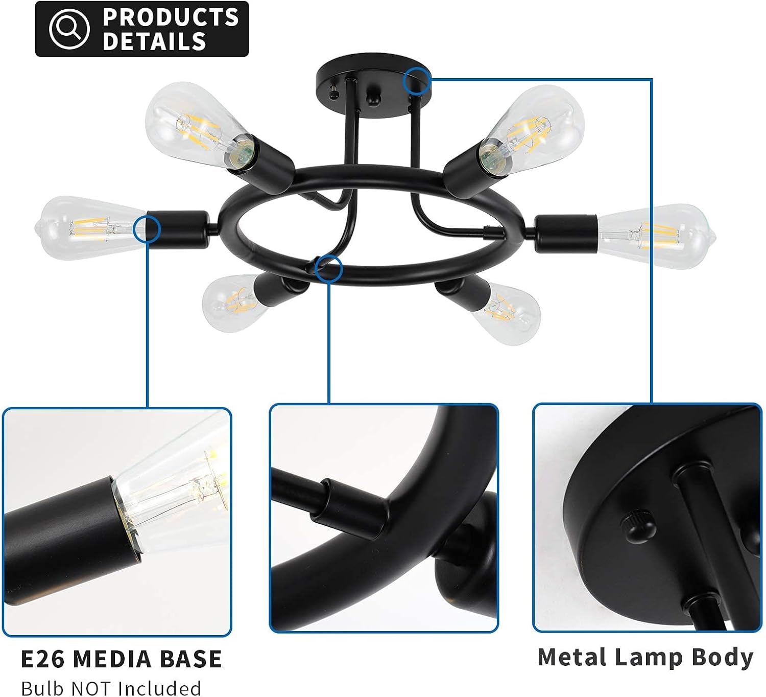 Black 6 Lights LED Semi Flush Mount Ceiling Light U52101