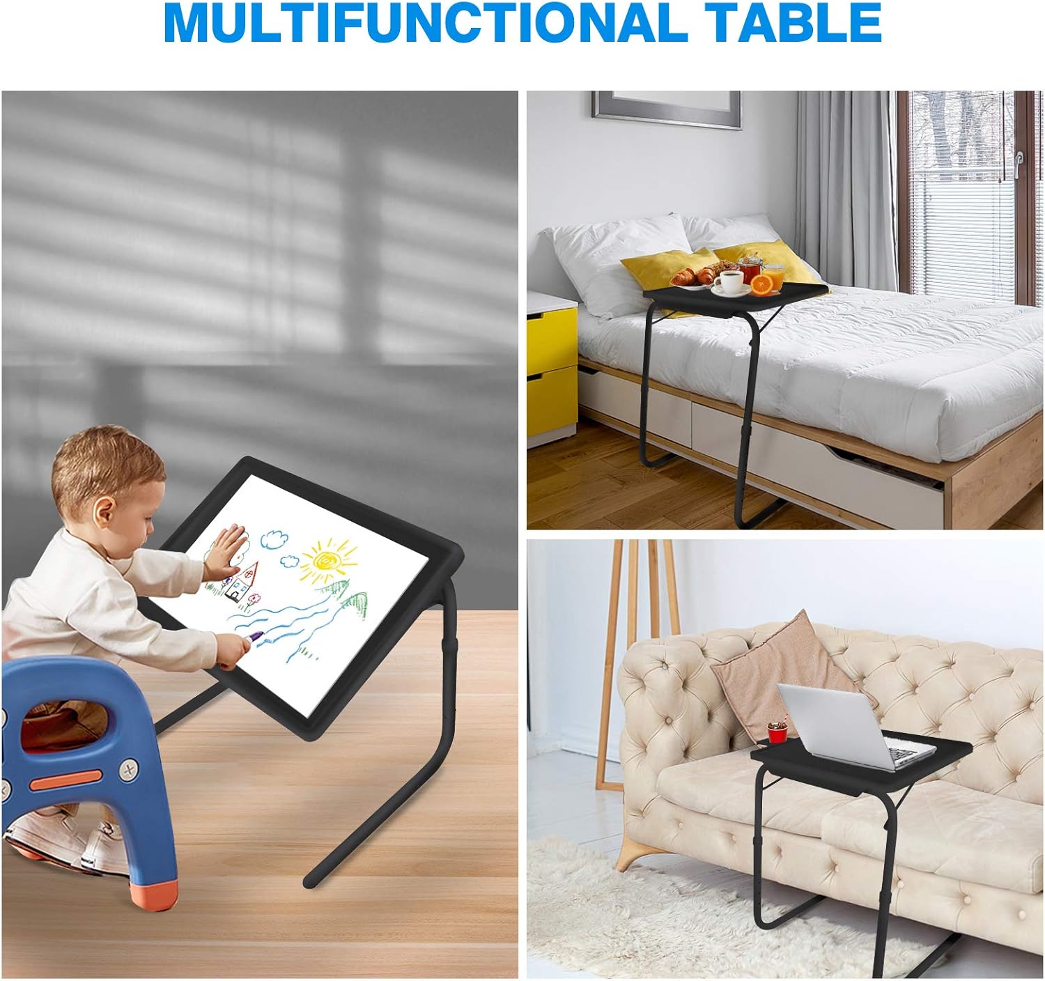 2 Pack Black Adjustable Folding TV Tray Table with Cup Holder Y354913