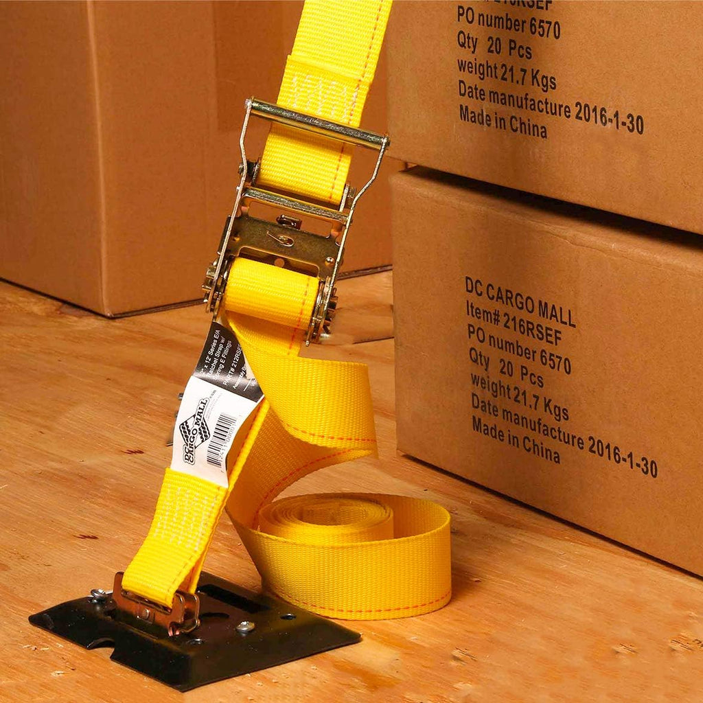 2 x 12 Heavy Duty Yellow Polyester Ratcheting Tie-Down Straps with E-Track Spring Fittings P7150