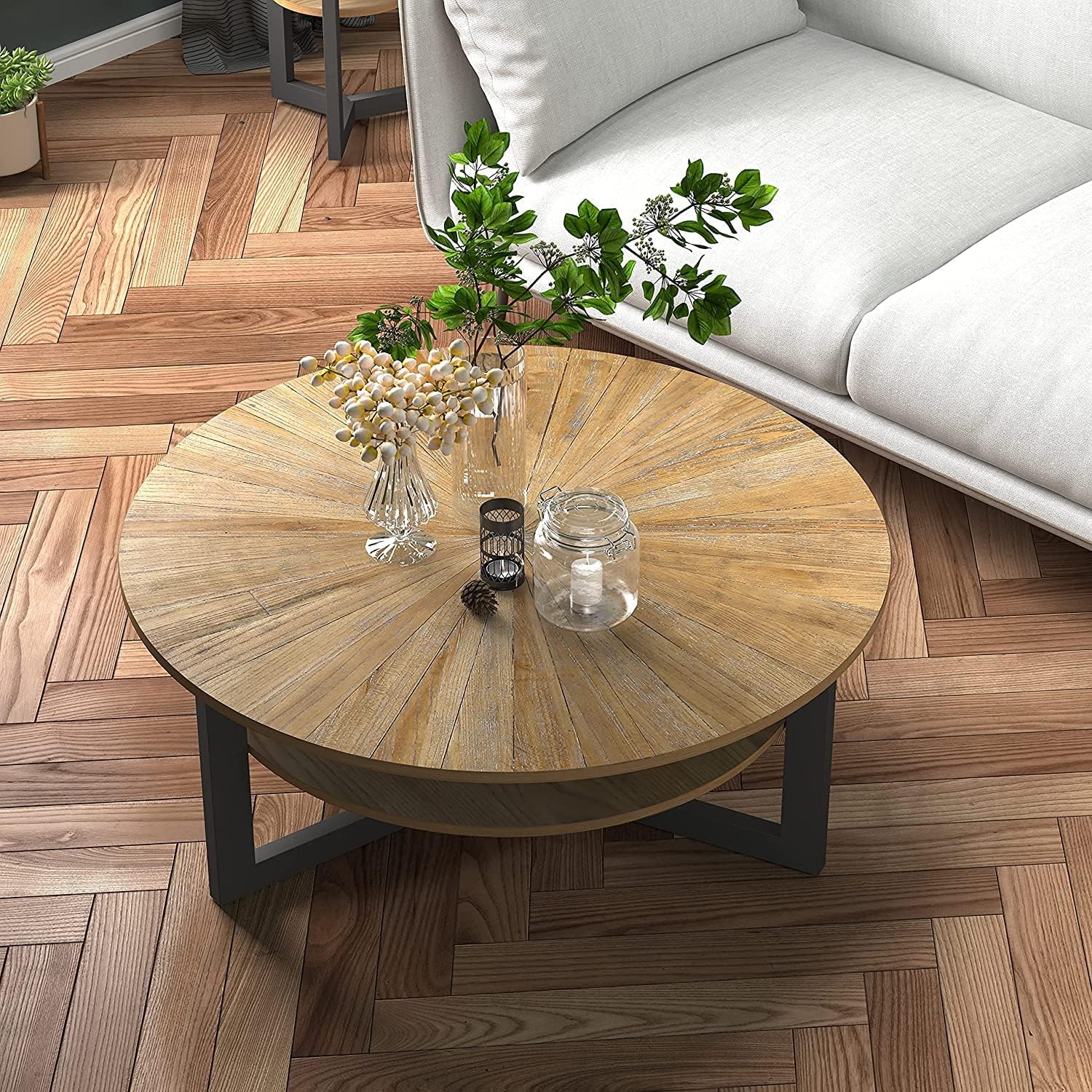 Round Coffee Table with Storage, Solid Wood, Black Metal Frame Z286