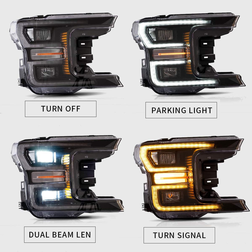 LED Projector Headlights and Clear Tail Lights with Red Turn Signal Lights for Ford F150 2018 2019 2020 V1373