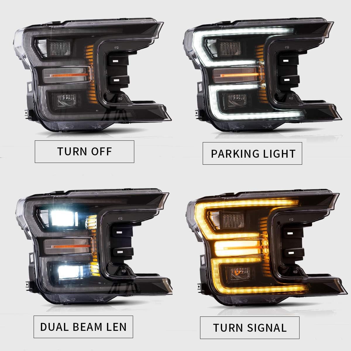 LED Projector Headlights and Clear Tail Lights with Red Turn Signal Lights for Ford F150 2018 2019 2020 V1373