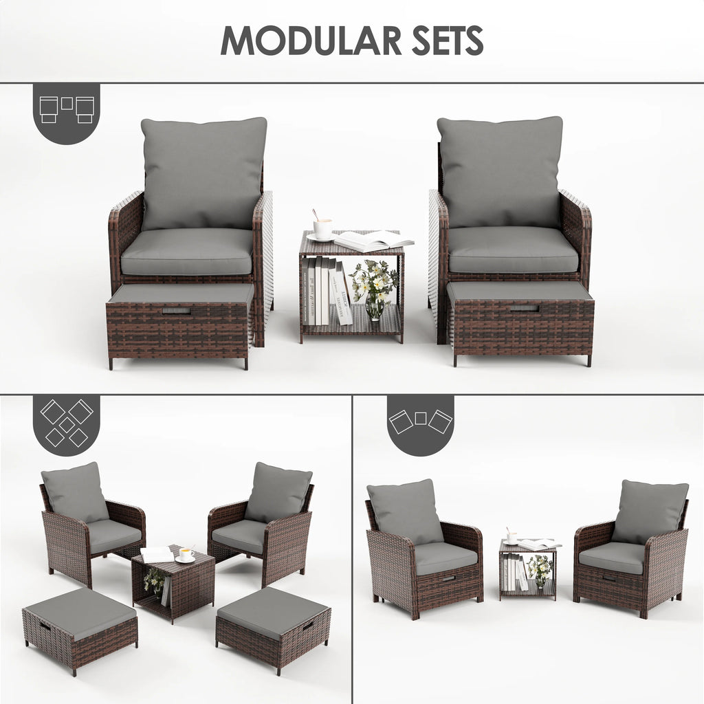 5 Piece Gray Rattan Patio Conversation Set with Ottomans and Storage Coffee Table R652