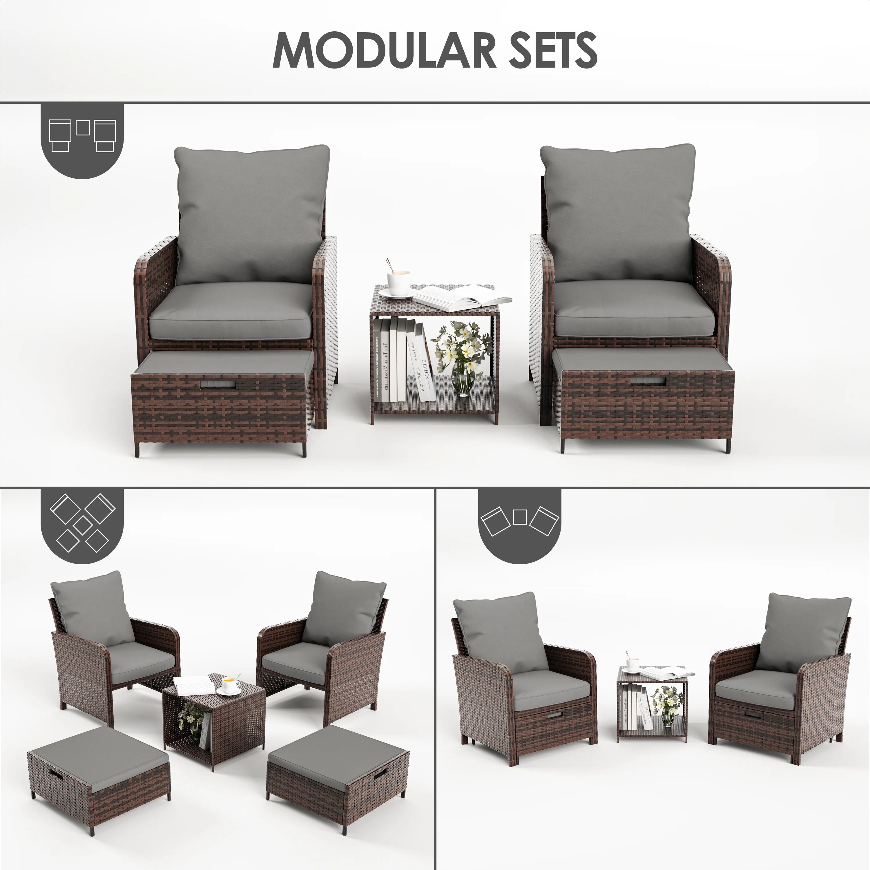 5 Piece Gray Rattan Patio Conversation Set with Ottomans and Storage Coffee Table R652