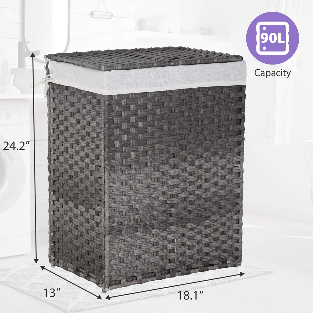 Divided Laundry Hamper 90L/110L Synthetic Rattan Handwoven Double Sorter with Liner Bags Foldable Grey H31760
