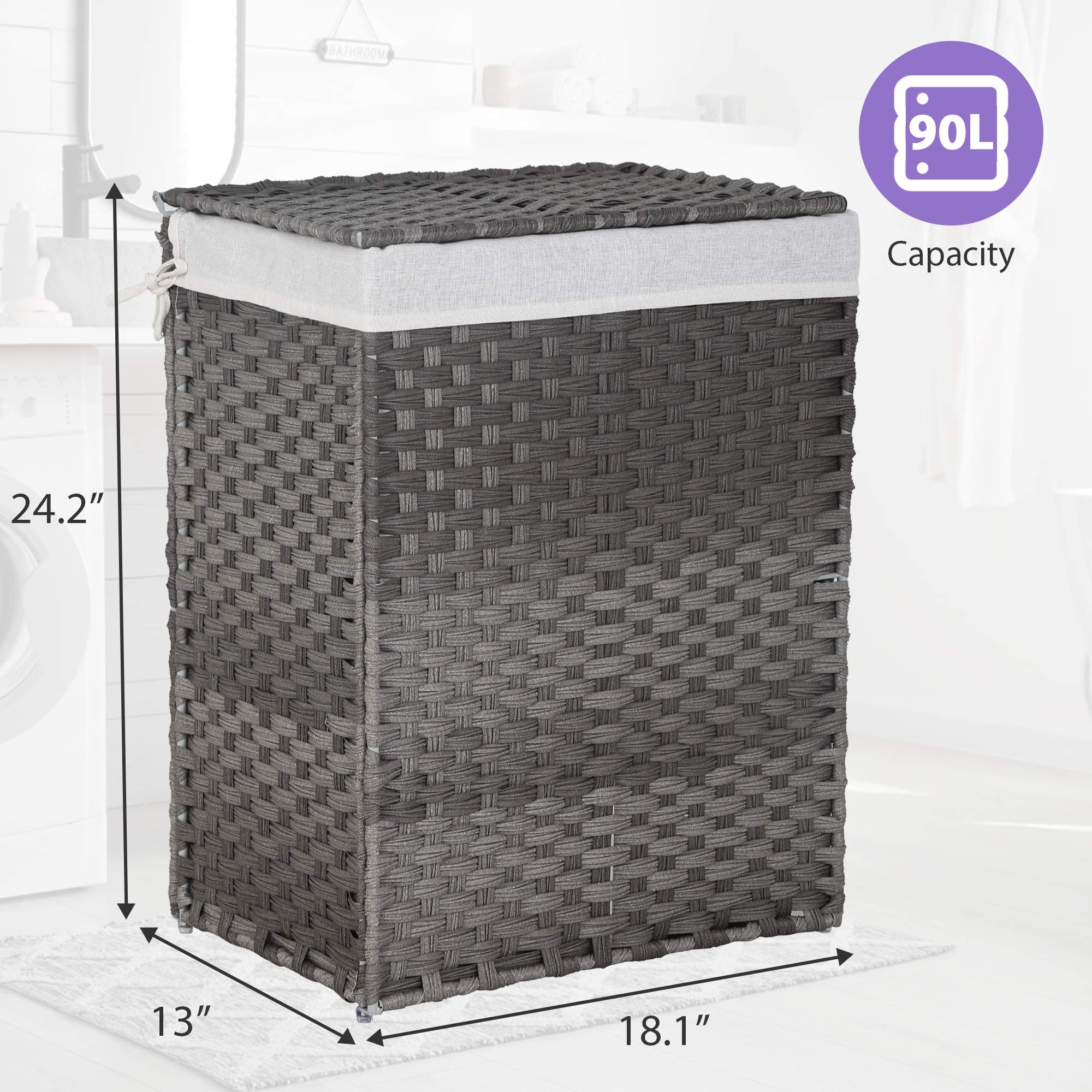 Divided Laundry Hamper 90L/110L Synthetic Rattan Handwoven Double Sorter with Liner Bags Foldable Grey H31760