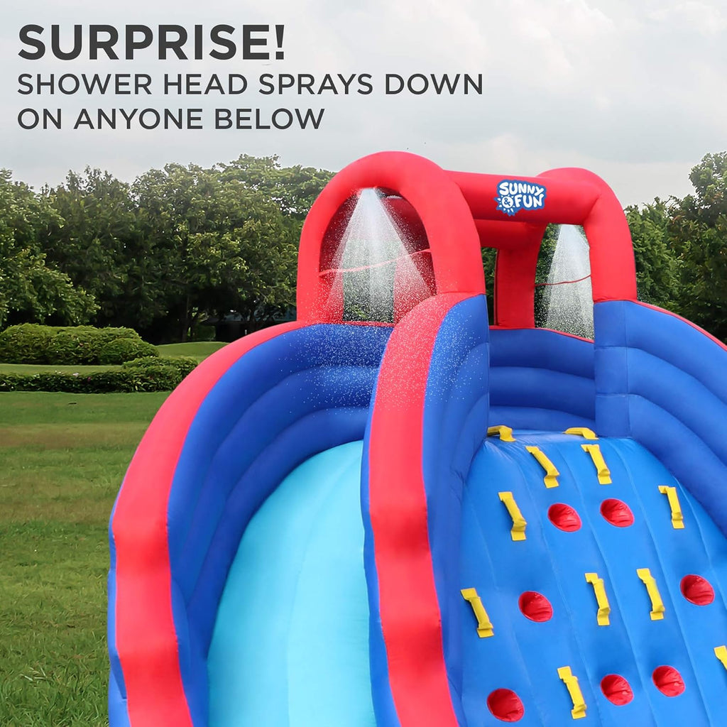 Inflatable Water Slide Park with Climbing Wall, Two Slides & Splash Pool, Nylon, with Air Pump & Carrying Case N60220