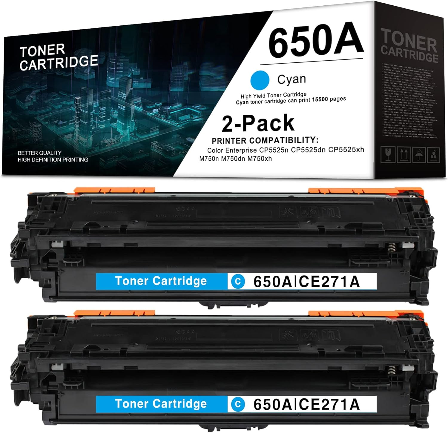 2 Pack Cyan Remanufactured Toner Cartridge for HP Color Enterprise CP5525n CP5525dn CP5525xh M750n M750dn M750xh J1245