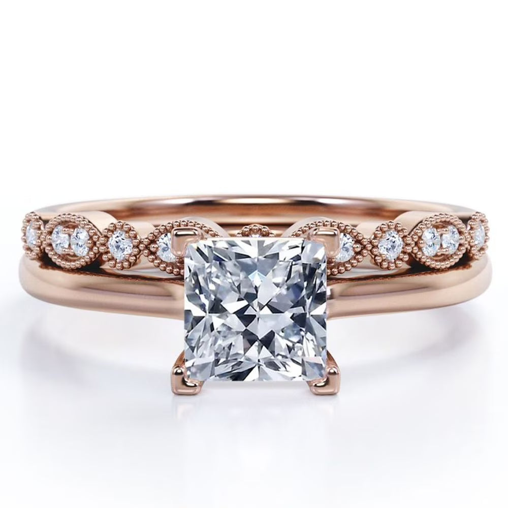 4 Prong Princess Cut Milgrain Filigree Wedding Set 18K Rose Gold Plating over Silver M3811