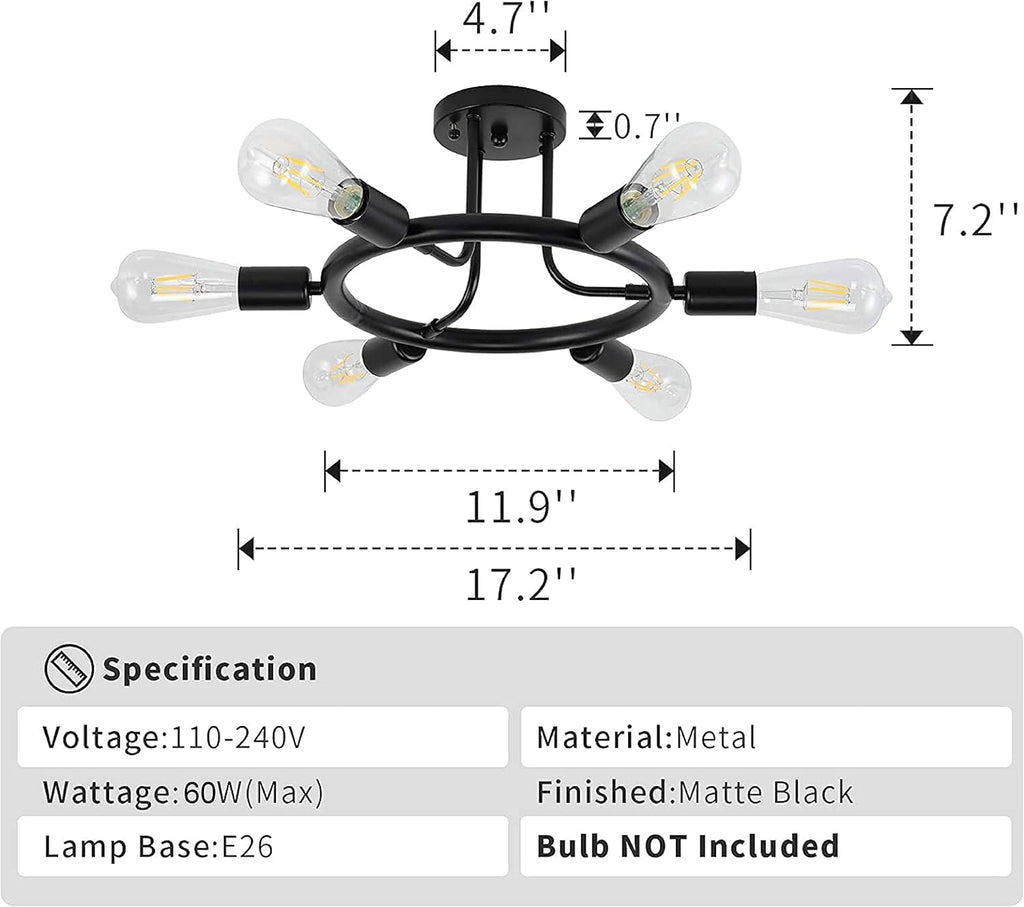 Black 6 Lights LED Semi Flush Mount Ceiling Light U52101