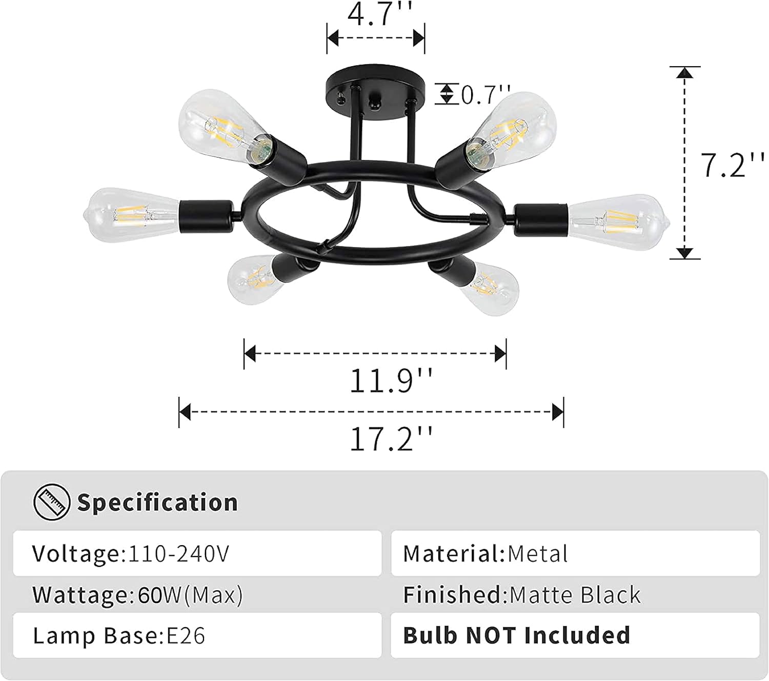 Black 6 Lights LED Semi Flush Mount Ceiling Light U52101