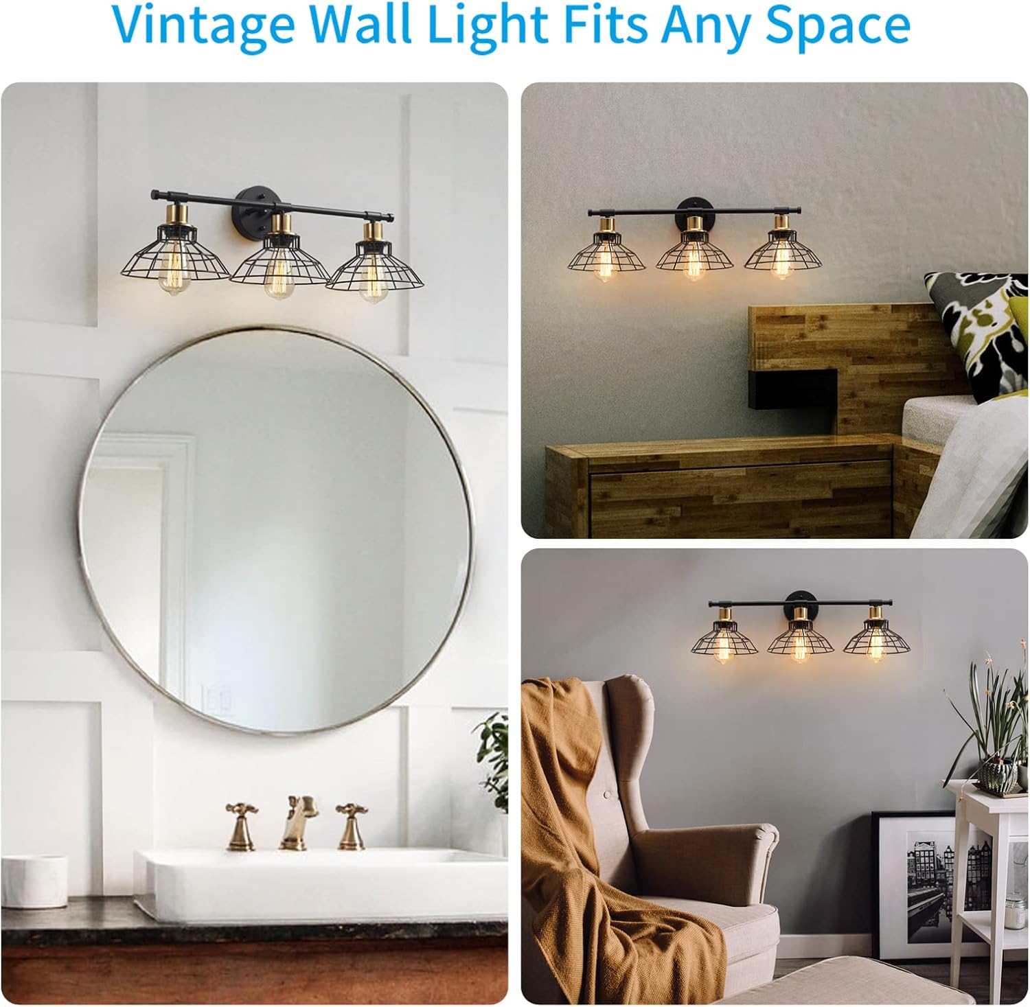 3-Light Black Metal Wall Mounted Bath Vanity Light K8887