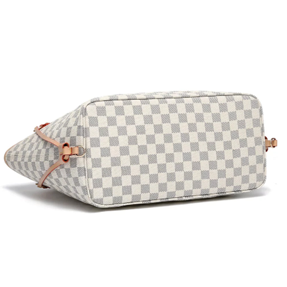 Checkered PU Leather Tote Bag with Inner Pouch E834135