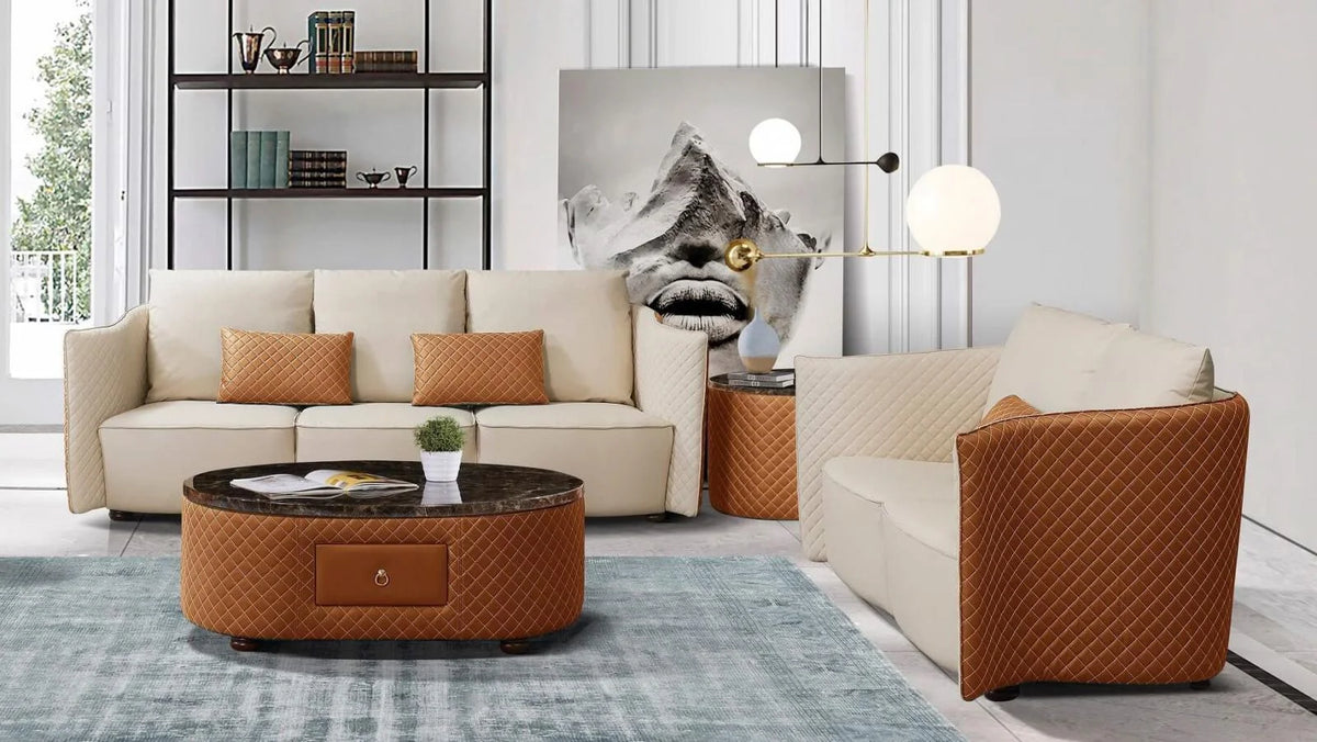 Orange Italian Leather Marble Top Coffee Table Set 2 J84949