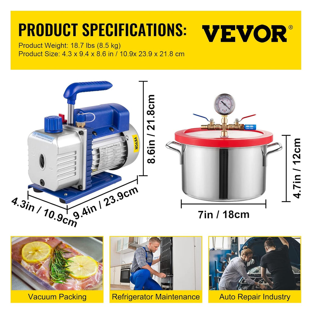 3CFM Single Stage 1/4HP Vacuum Pump with 1 Gallon Vacuum Degassing Chamber K88406