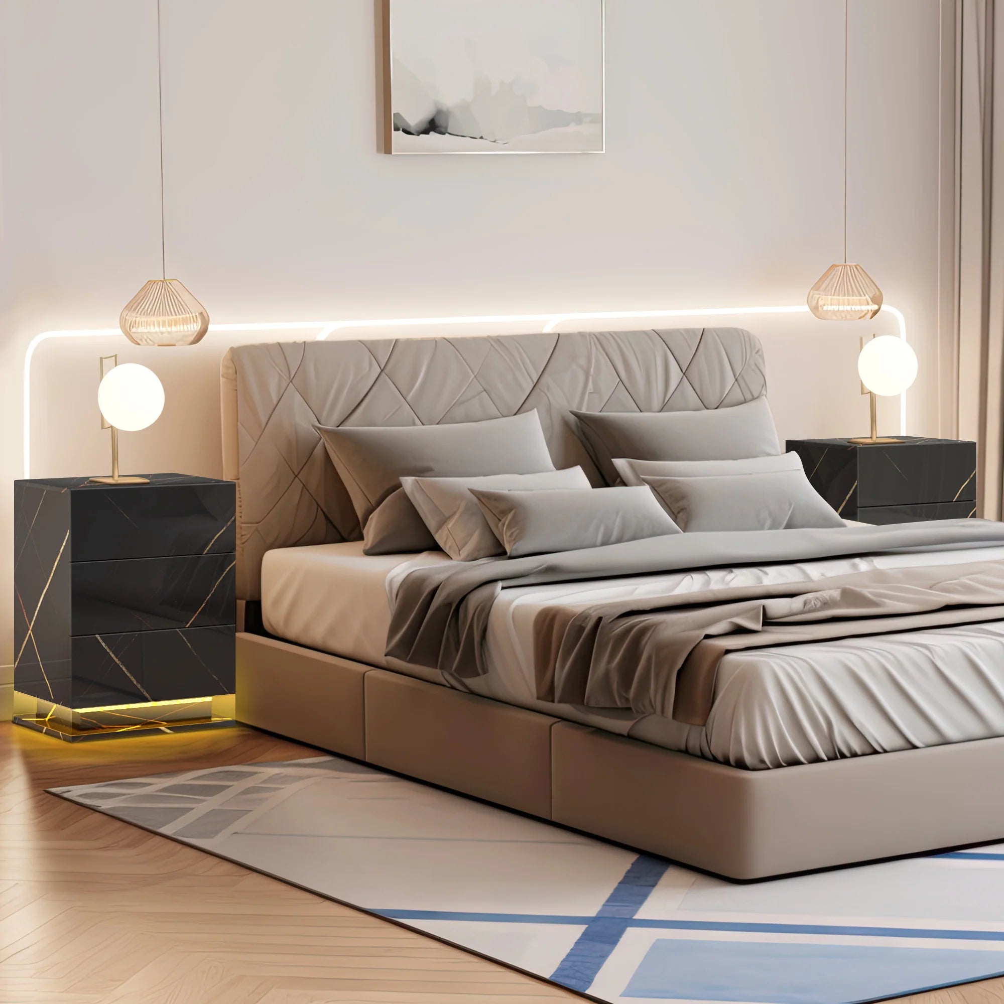 Set of 2 LED Nightstand with Drawer, Marble Black O173319