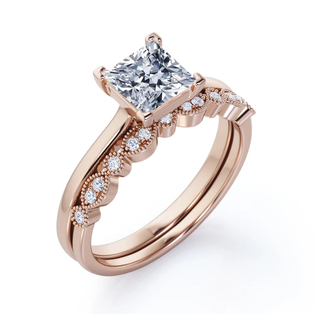 4 Prong Princess Cut Milgrain Filigree Wedding Set 18K Rose Gold Plating over Silver M3811