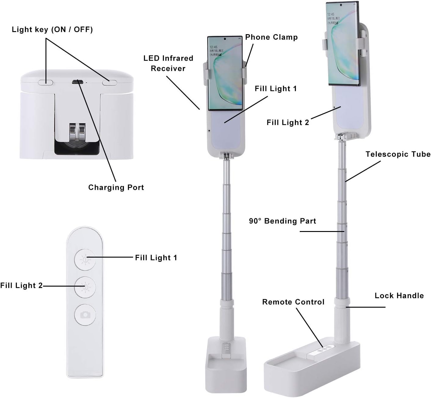 White Foldable Phone Holder with LED Light Stand and Remote, 51 inch, Pack of 2 W477