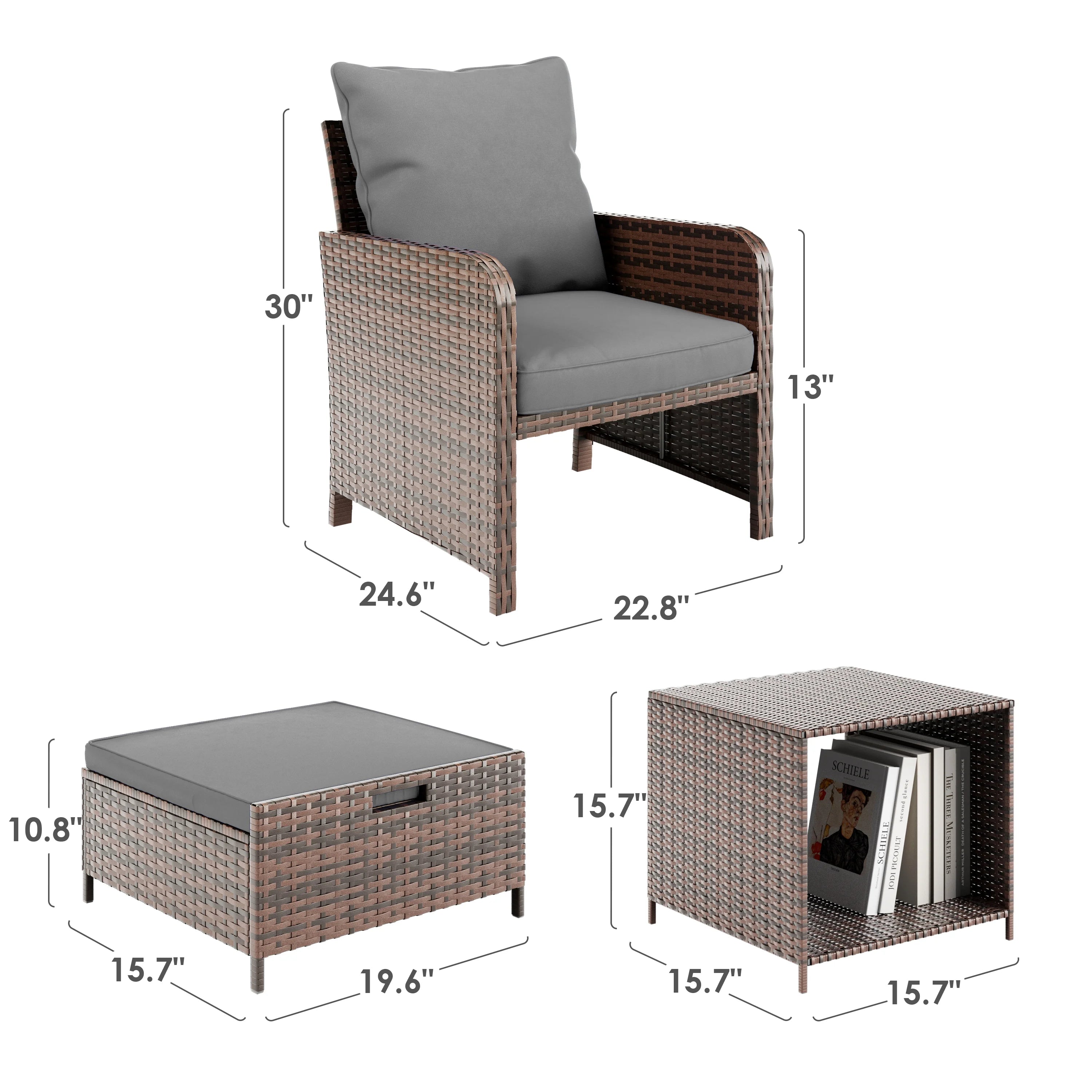 5 Piece Gray Rattan Patio Conversation Set with Ottomans and Storage Coffee Table R652