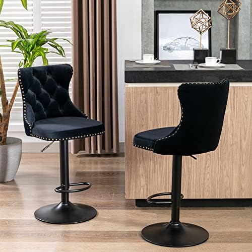Modern Swivel Stools Set of 2 with Black Base Adjustable Upholstered Armless Hydraulic Counter Height Stool with Mid Back and Footrest N964