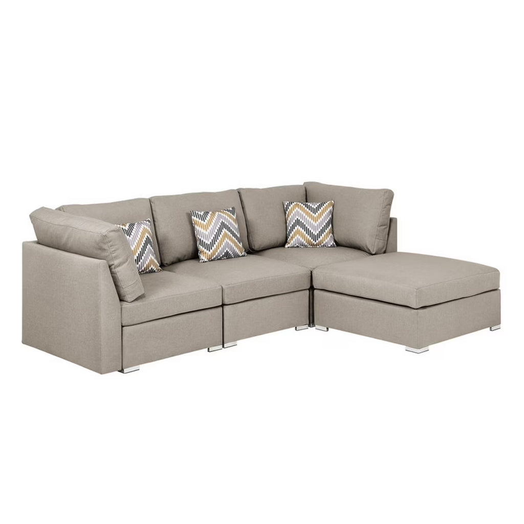 Beige Fabric Chaise Sofa with Ottoman and 3 Pillows P4646