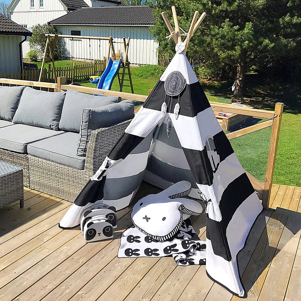 Black White Striped Kids Teepee Canvas Tent Playhouse F331388