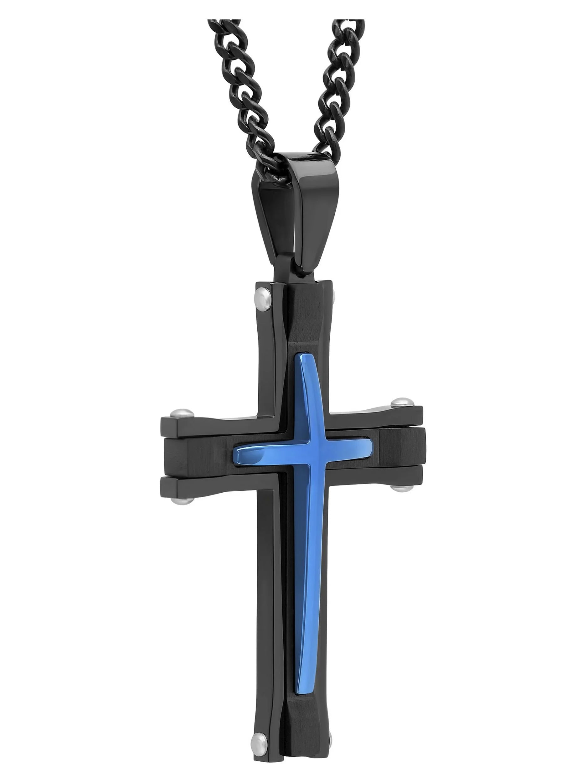 Black and Blue Stainless Steel Cross Pendant Necklace T884