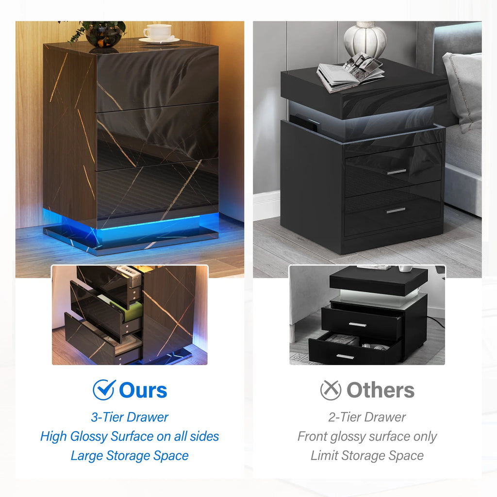 Set of 2 LED Nightstand with Drawer, Marble Black O173319