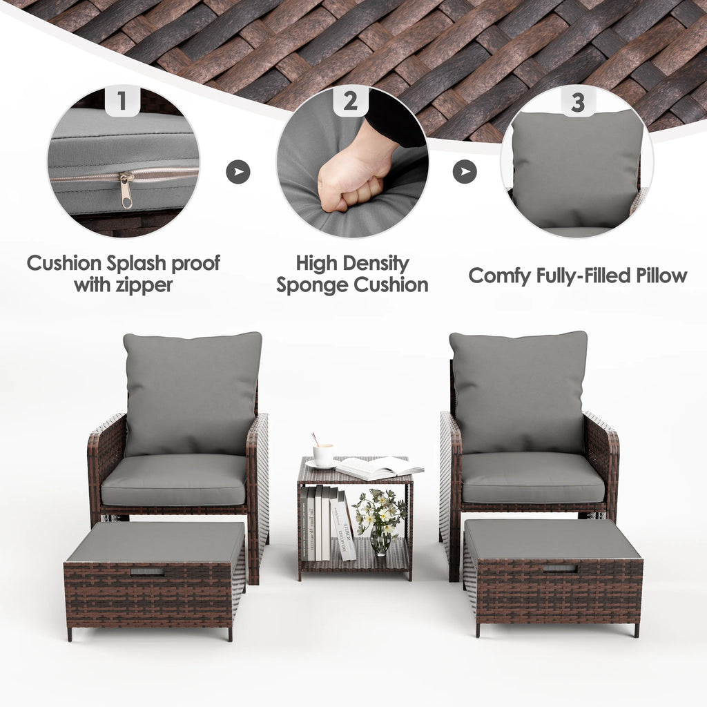 5 Piece Gray Rattan Patio Conversation Set with Ottomans and Storage Coffee Table R652