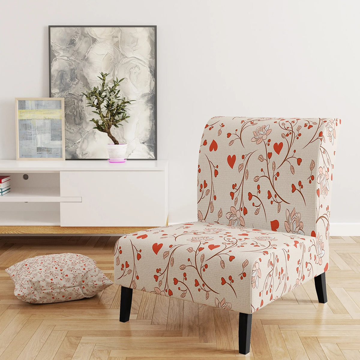 Red Vector Floral Pattern Upholstered Accent Chair and Arm Chair H276467