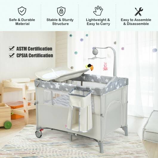 Beige Portable Baby Bassinet Crib Playard with Diaper Changer D833