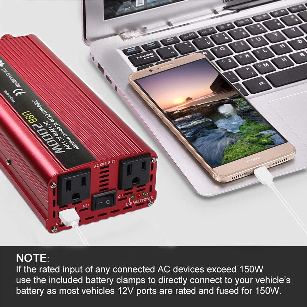 Power Inverter 1200W/2000W Peak DC to AC 12V to 110V with 3.1A USB Battery Clips Pack of 2 I19168