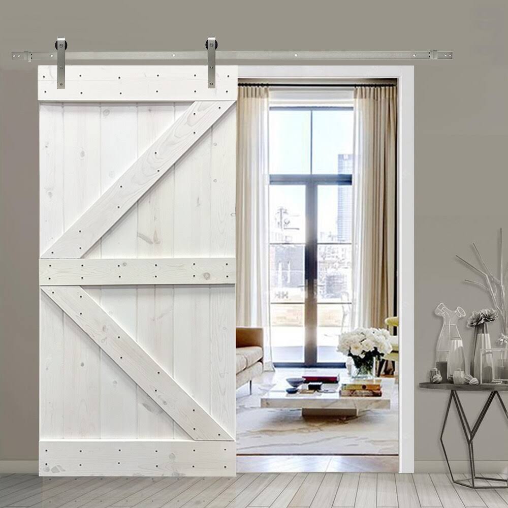 Solid White Stained Knotty Pine Wood Interior Sliding Barn Door with Hardware Kit L187